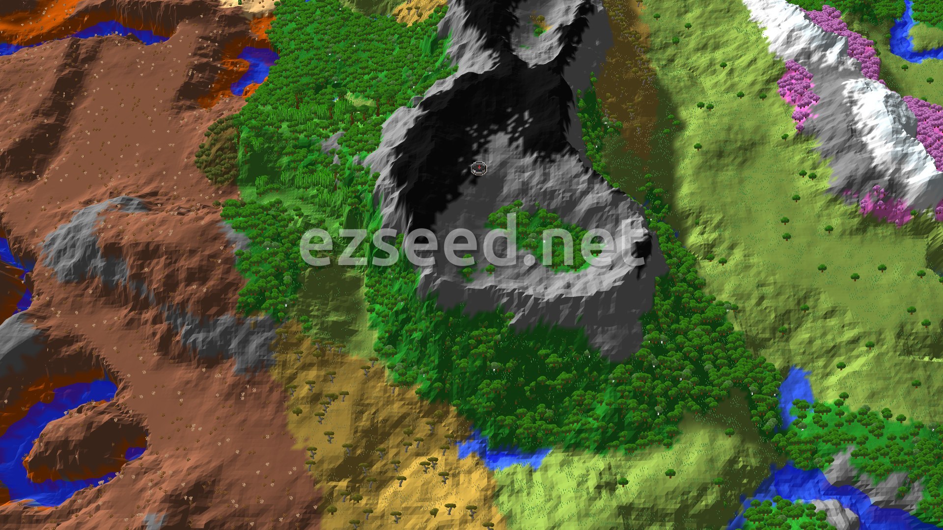 Aerial Minecraft seed map — Stony Peaks Spawn with an Ancient City Nearby