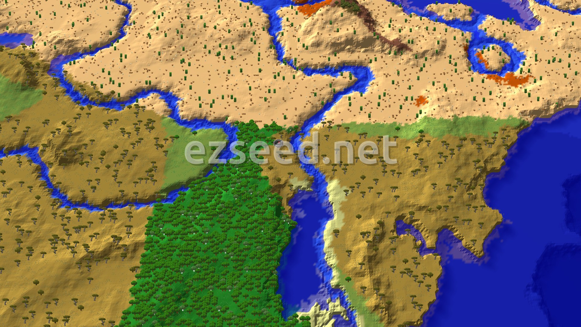 Aerial Minecraft seed map — A Savanna Start with Desert and Badlands Nearby