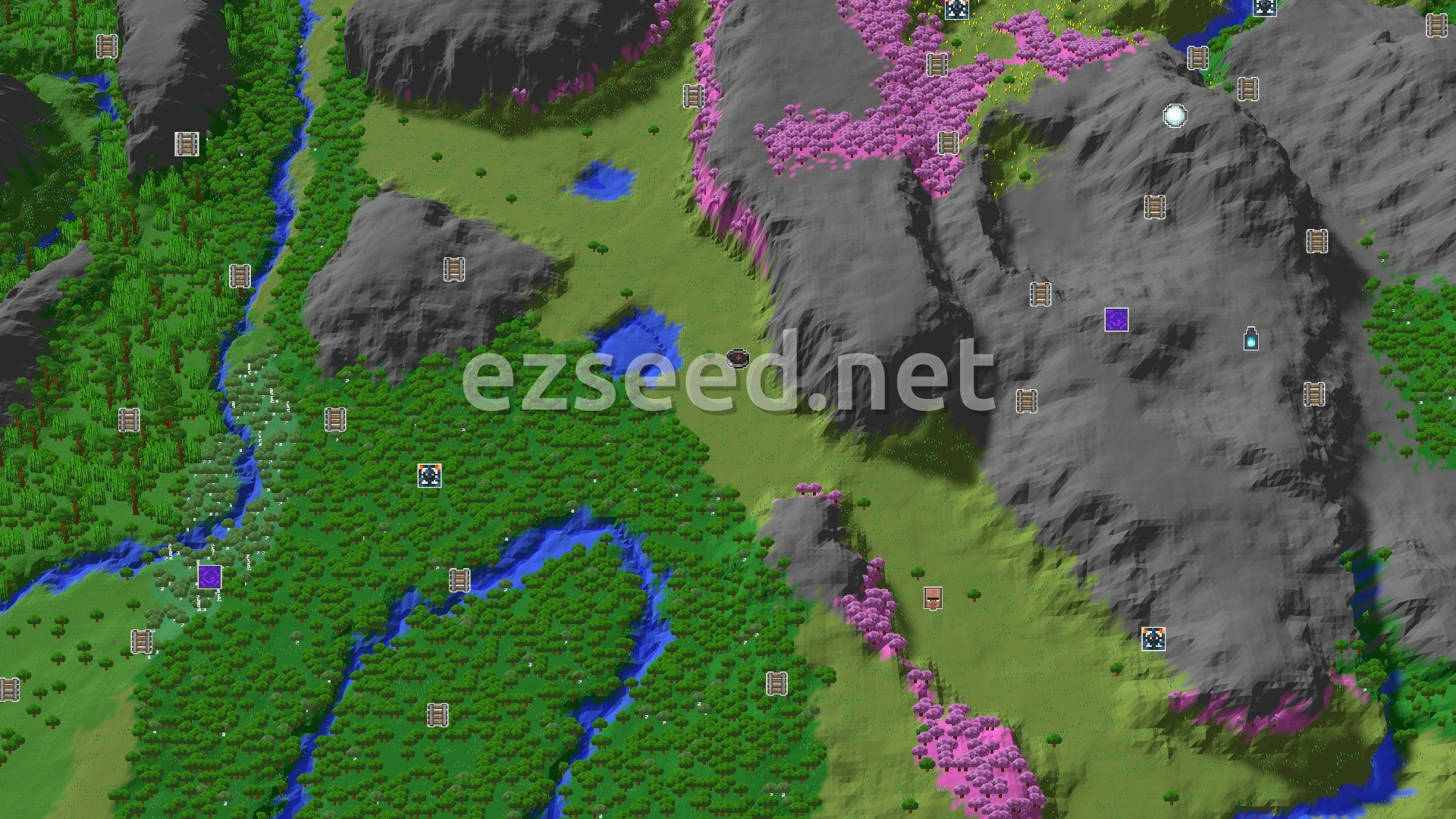 Aerial Minecraft seed map — Cherry Blossom Valley with Nearby Trial Chambers