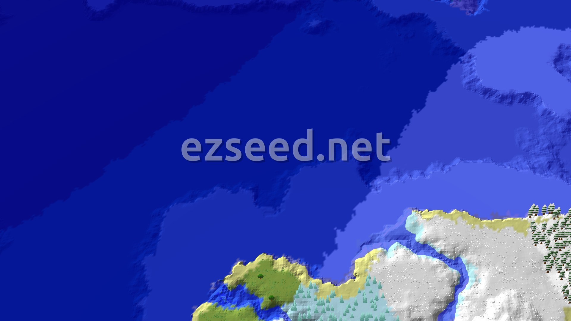 An aerial view showing a vast blue ocean meeting a shoreline of green Taiga forest, yellow beaches, and white snowy terrain with scattered trees.