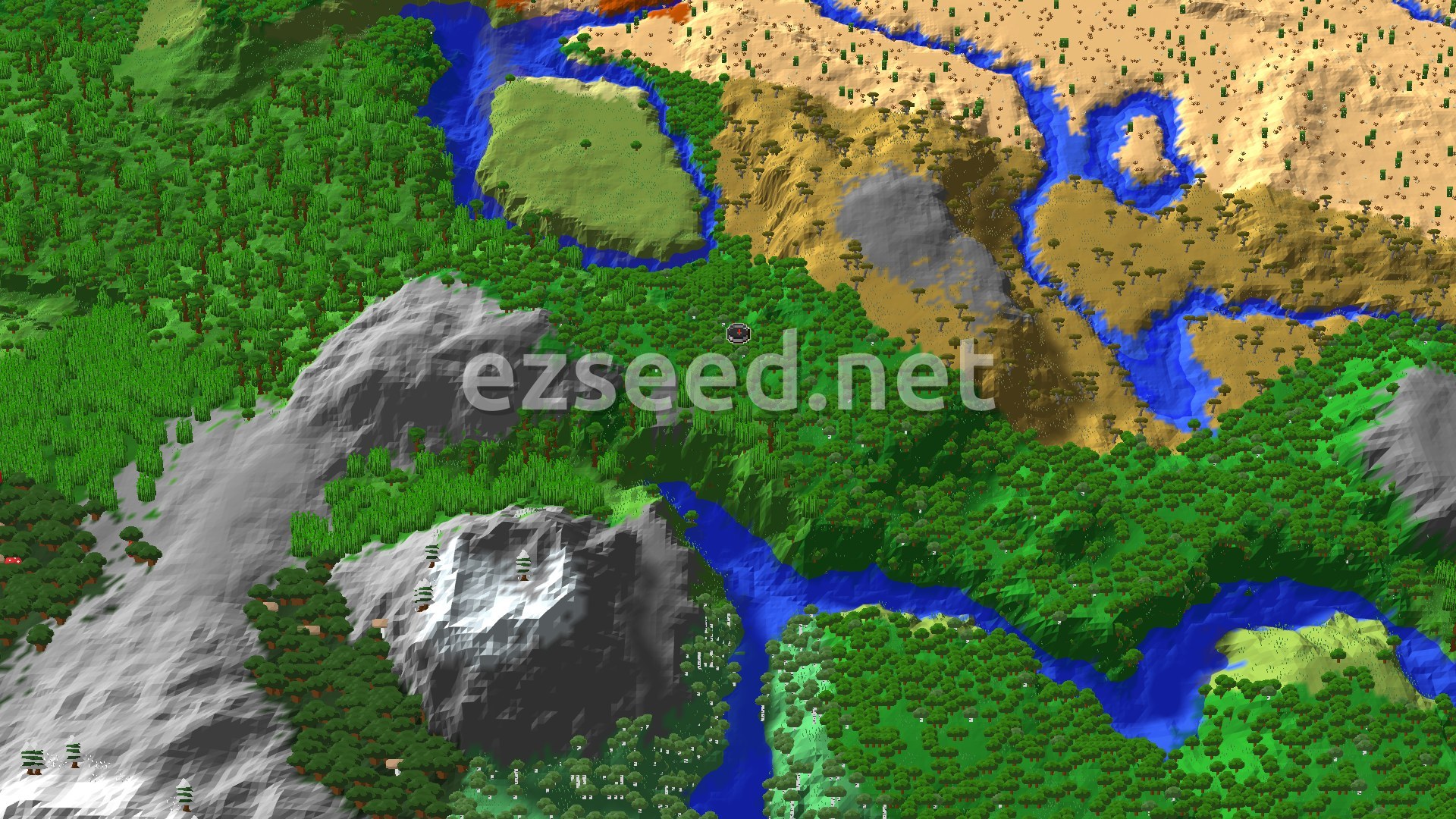 A 3D fly-over of a varied landscape, showing dense green forests, light green plains, a winding blue river, a tan desert, and some grey mountains, with a spawn marker at the center of the forest.