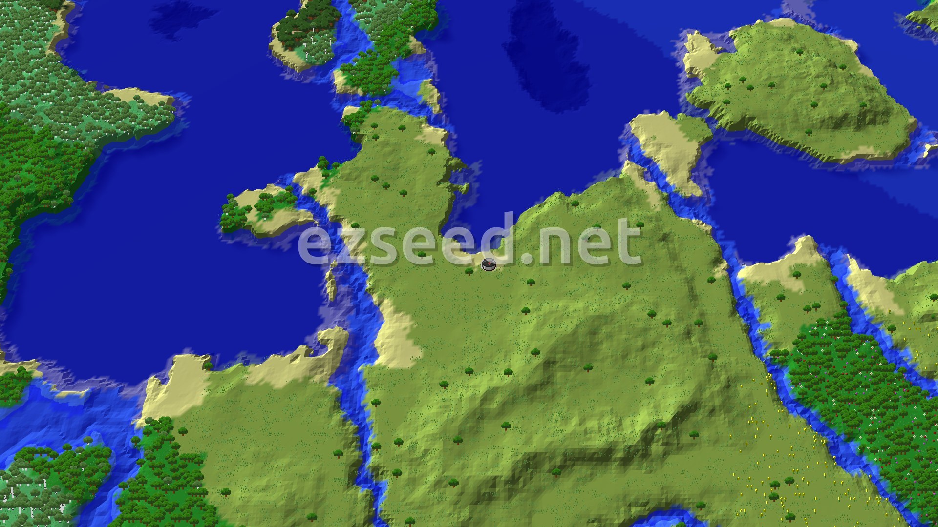 An overhead 3D view shows a large, green landmass, mostly plains and forests, bordered by blue ocean and rivers. Sparse trees dot the landscape, with a small spawn marker in the center.