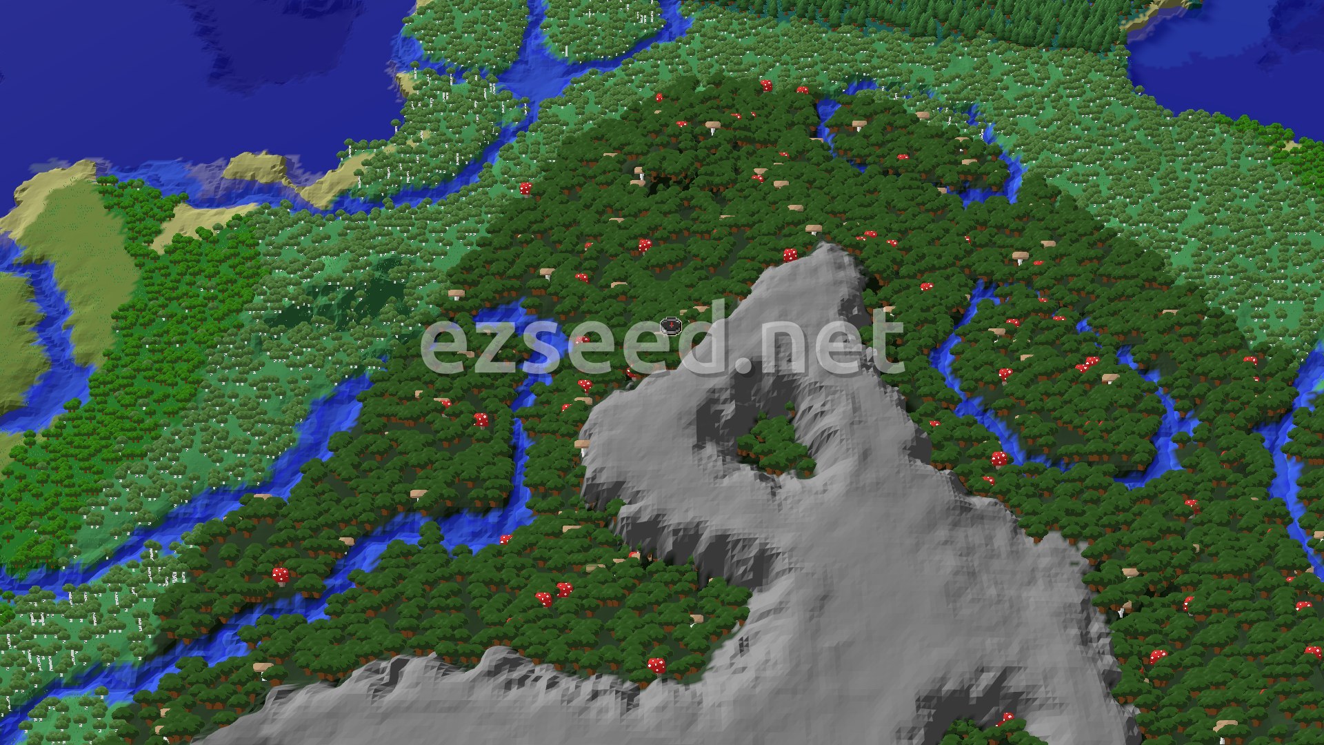 Aerial Minecraft seed map — A Dark Forest Start with Nearby Mansion and Trial Chambers