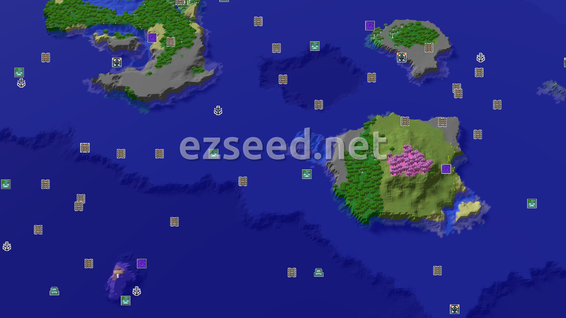 Aerial Minecraft seed map — A Coastal Birch Forest Start with Nearby Mining