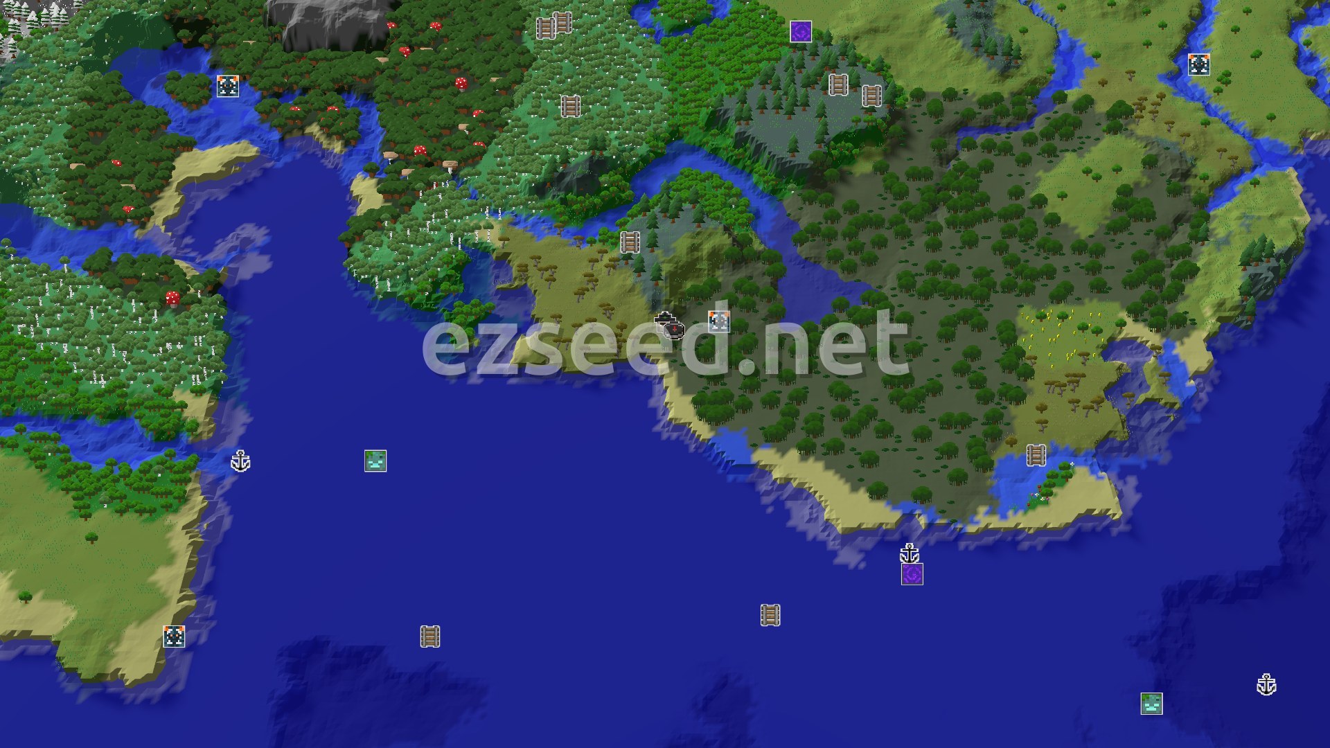 Aerial Minecraft seed map — A Swamp Spawn with Nearby Trial Chambers