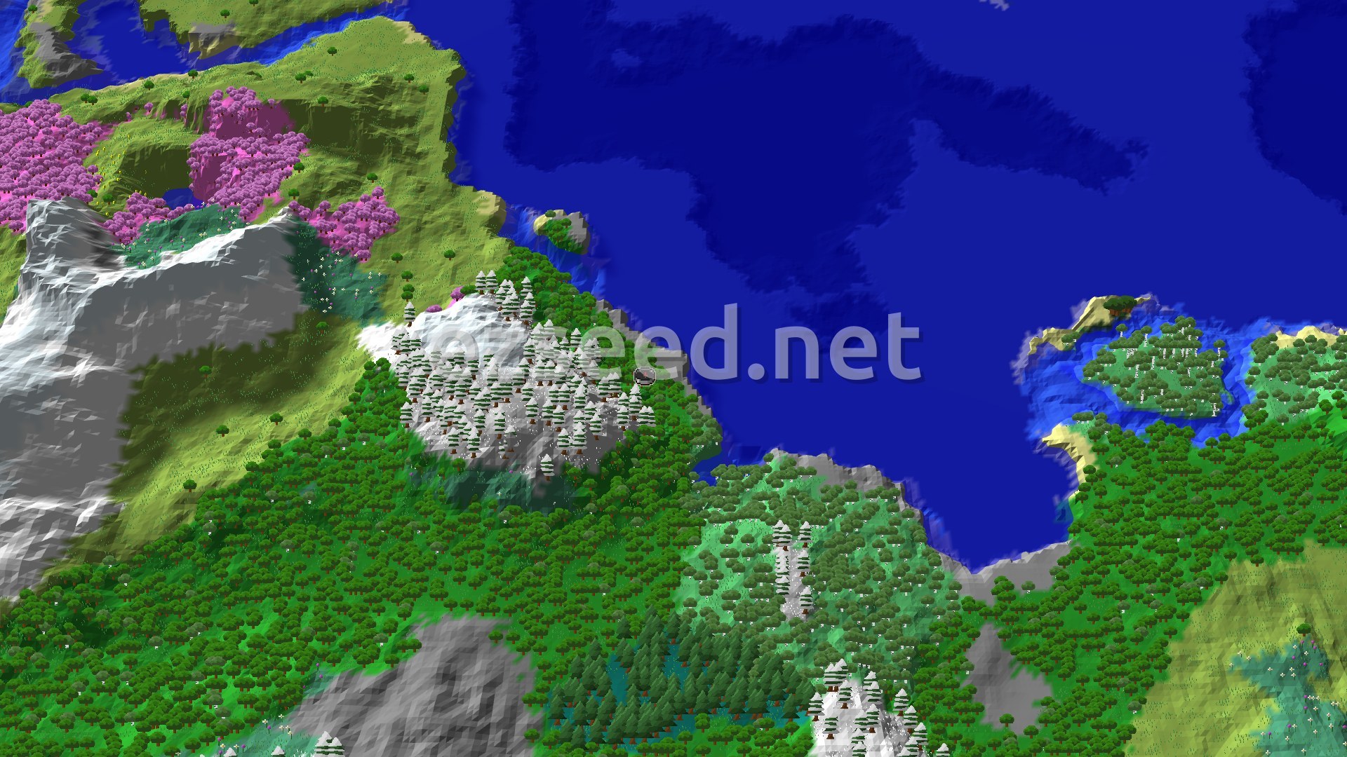 An aerial view showing a lush green forest meeting a dark blue ocean. To the left, a large snowy mountain range with a vibrant pink cherry grove nestled nearby. Patches of lighter green plains and a river wind through the landscape.