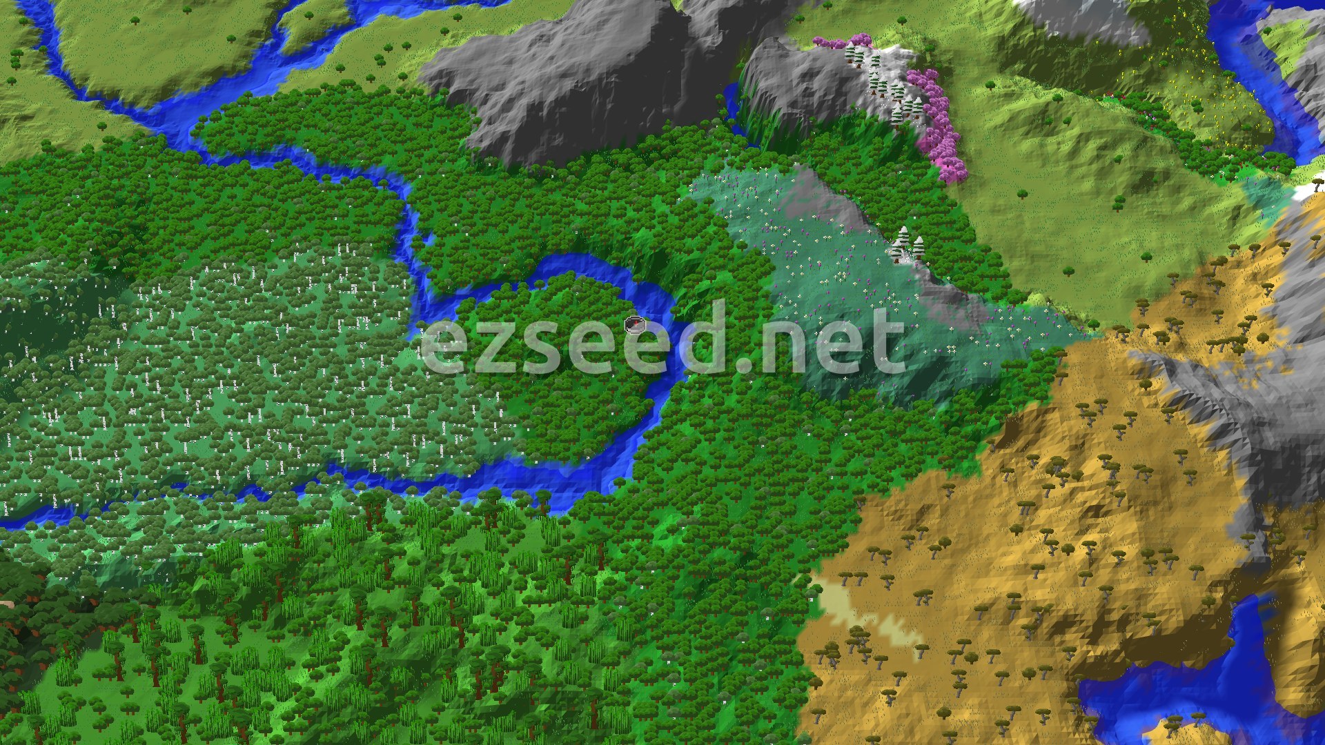 Aerial Minecraft seed map — Forest Spawn with Close Ancient City and Jungle