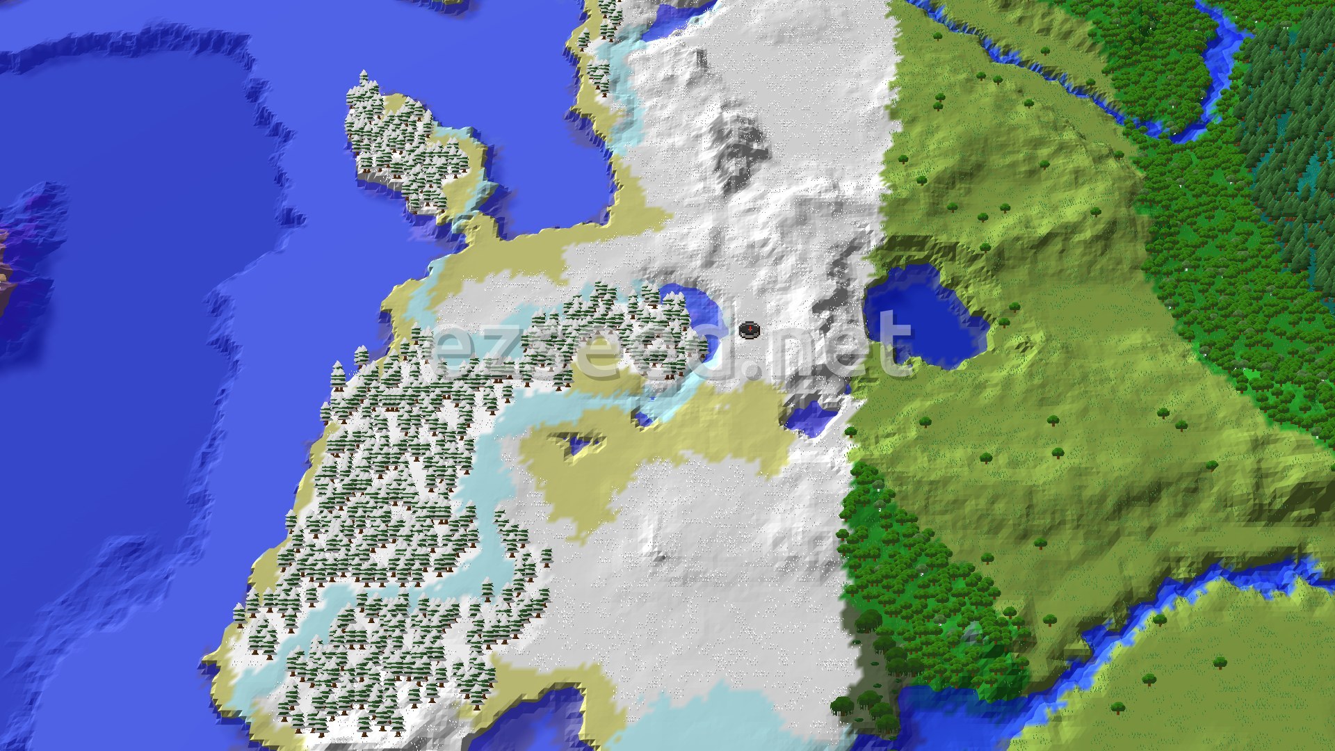 An aerial view of a snow-covered landscape with scattered trees, a dark circle marking spawn, and green plains and forests to the east.