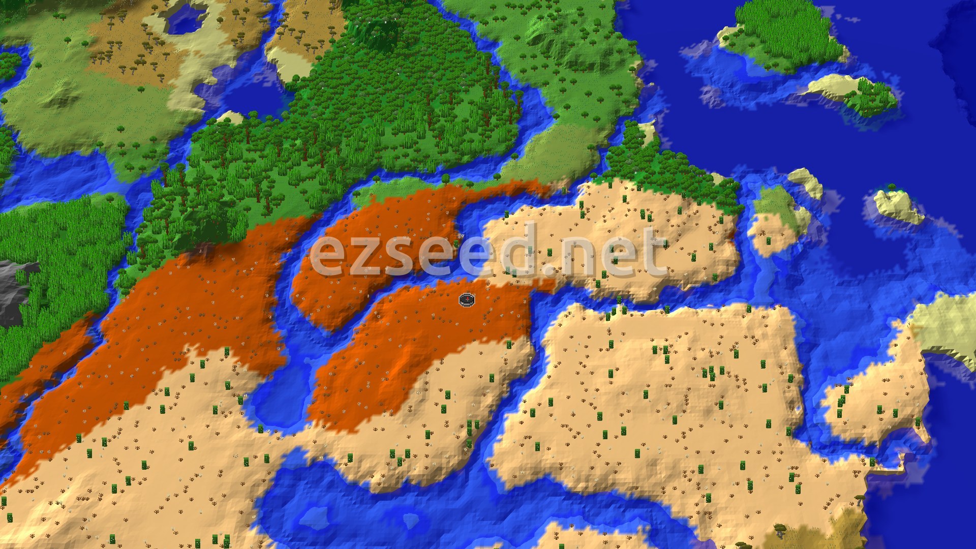 A 3D fly-over of the terrain around spawn, showing orange badlands, green forests, and blue rivers and ocean, with a small black spawn marker.