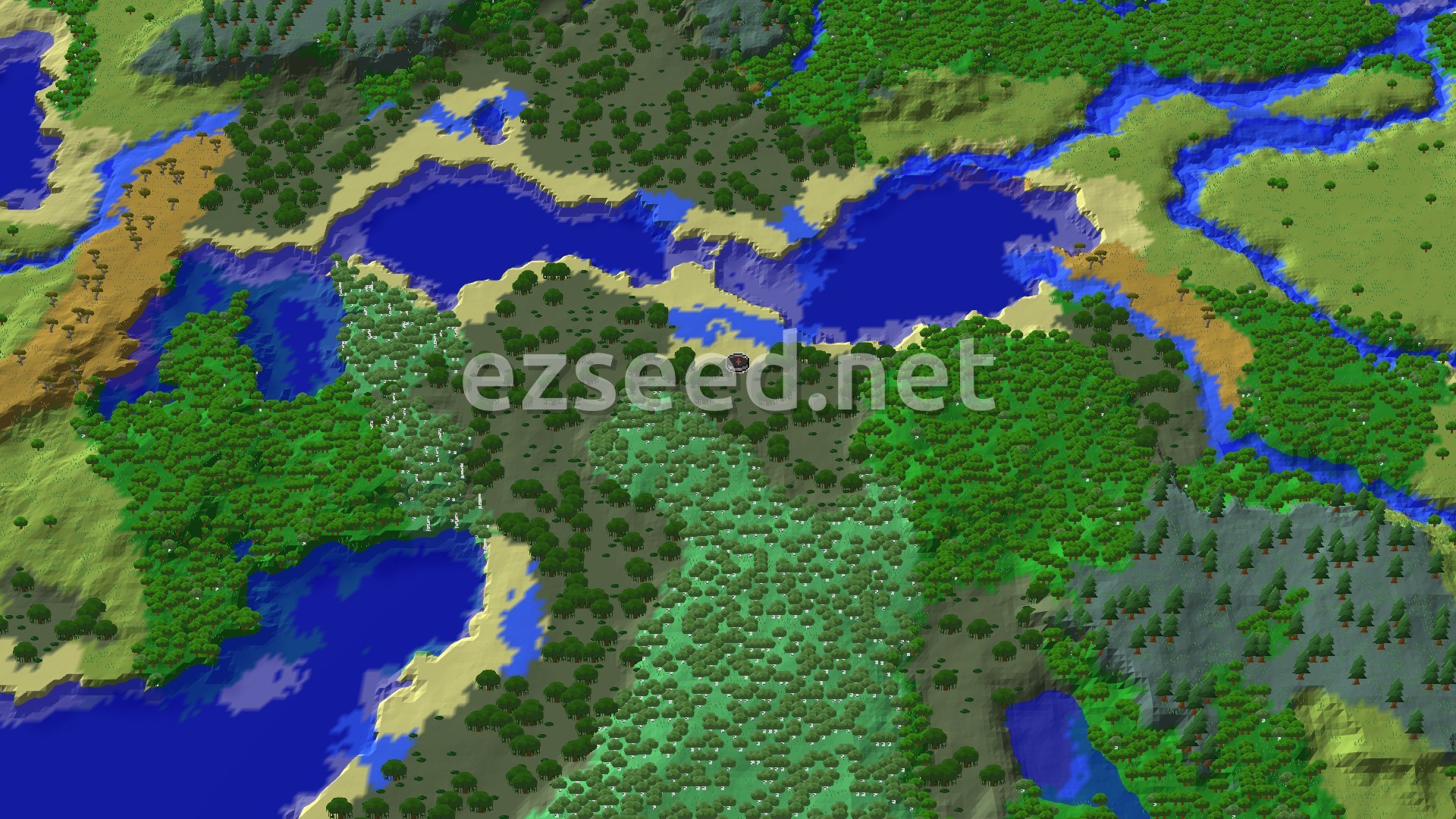 Aerial Minecraft seed map — Swamp Spawn with Nearby Structures and Lush Caves