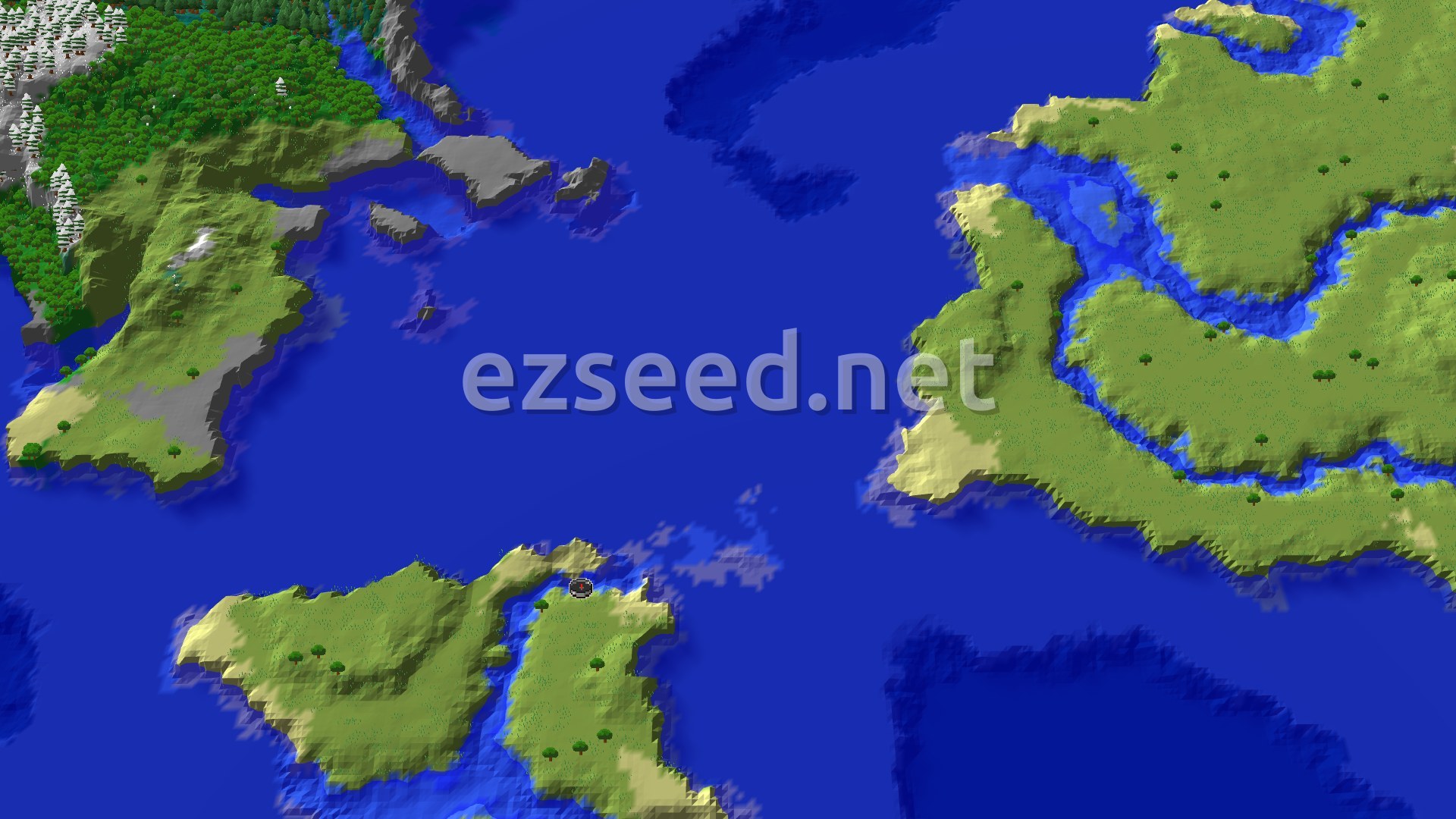 An aerial view of a large ocean surrounding several landmasses. The land is mostly green with scattered trees, with some snowy peaks and rocky shores visible on the northern island. A small spawn marker is visible on one of the green landmasses.
