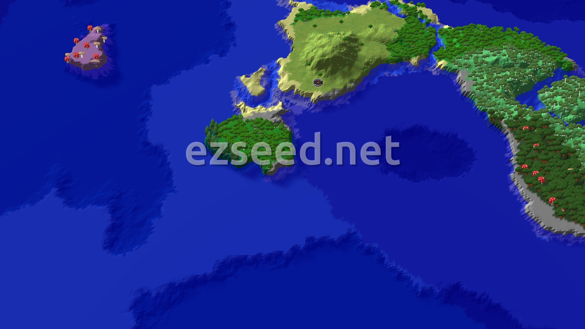Aerial Minecraft seed map — Mushroom Fields and a Fast Village Start
