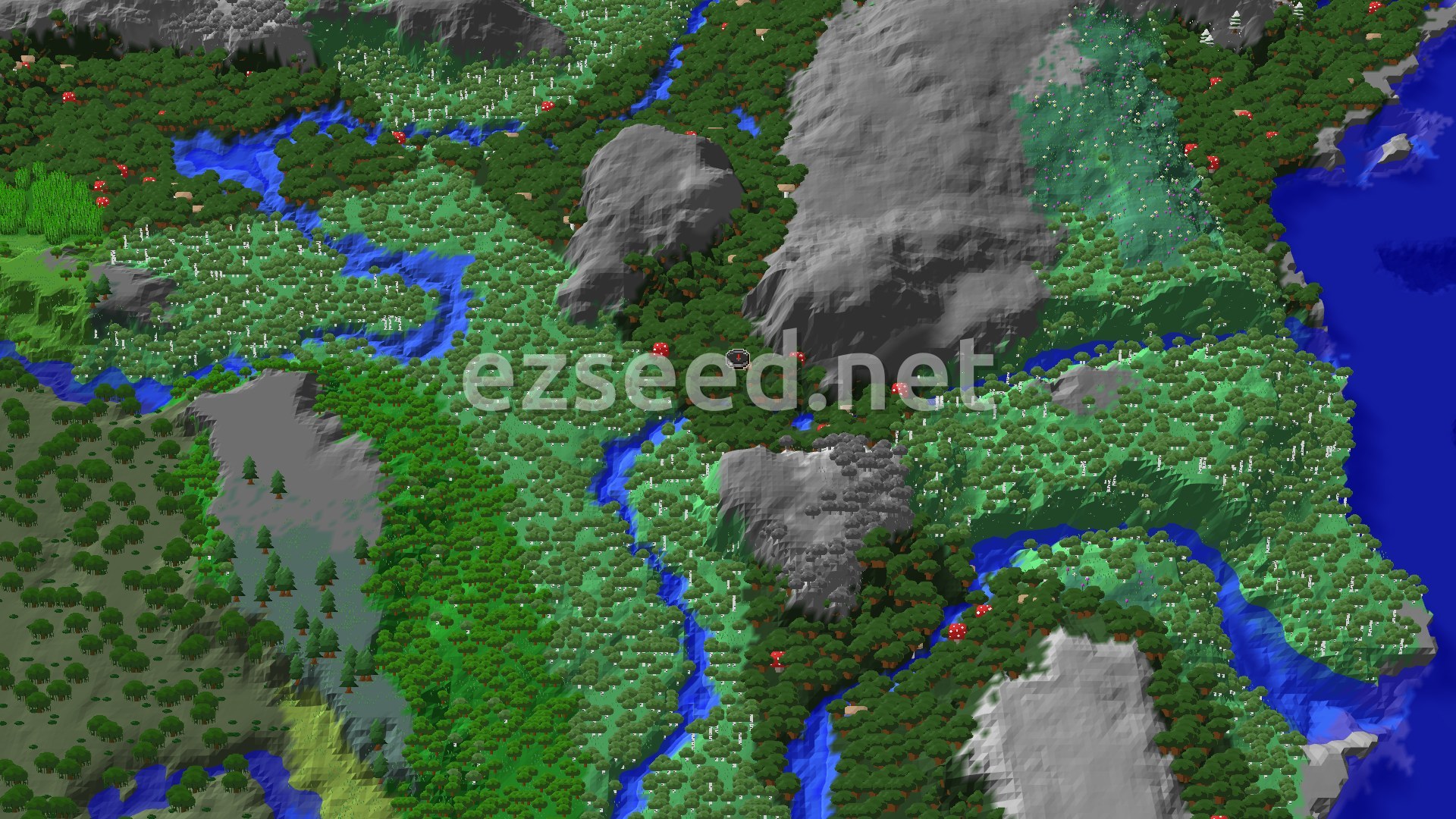 An aerial view of a varied landscape featuring dense forests, flowing rivers, and several grey mountains, with a small spawn marker at the center.