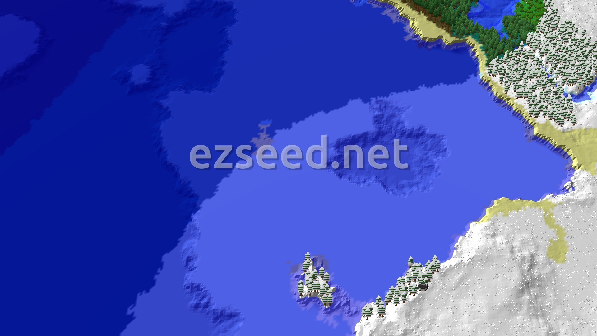 An aerial view of a snowy landscape meeting a vast, deep blue ocean, dotted with snow-covered trees and patches of sandy beach.