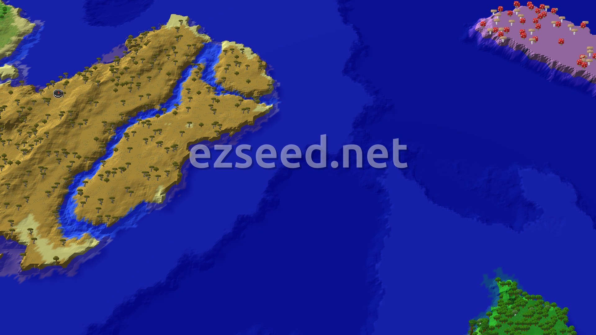 Aerial Minecraft seed map — Savanna Spawn with Mushroom Fields Nearby