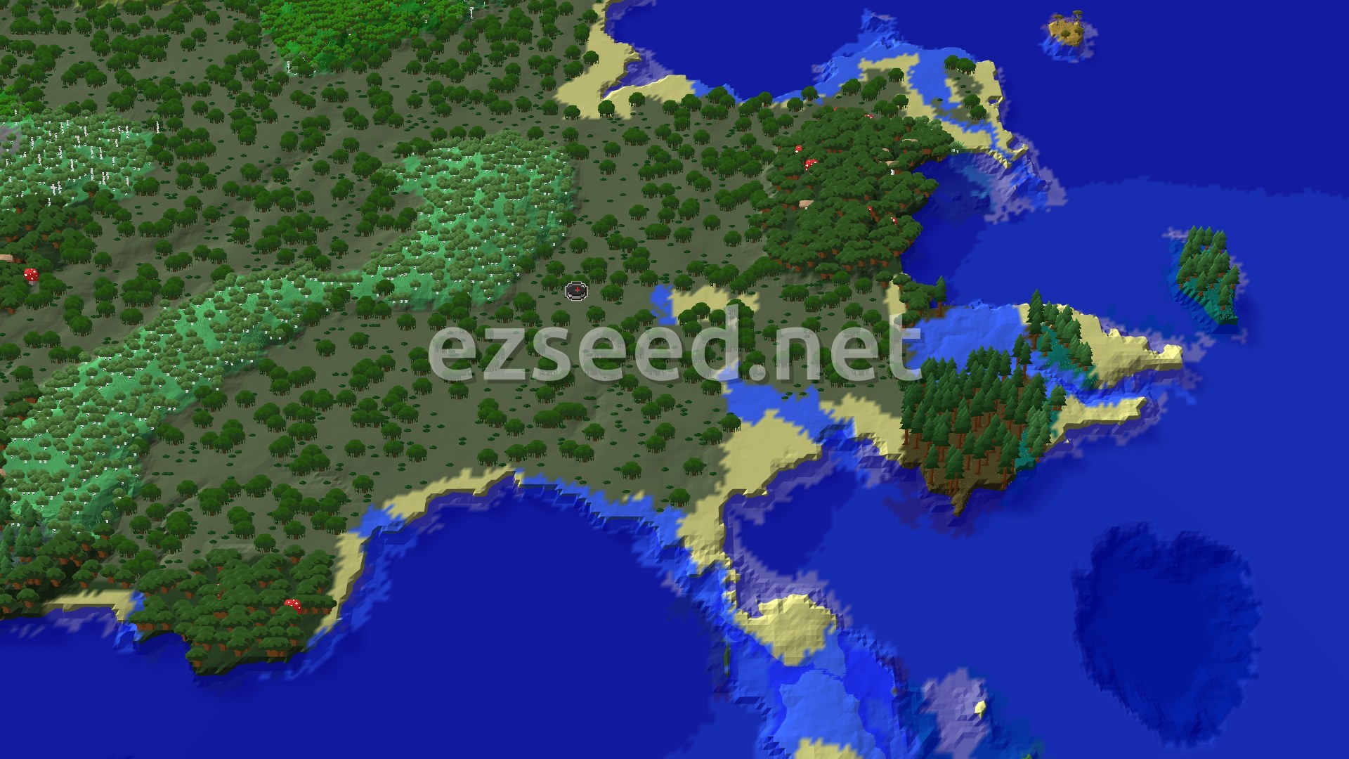 An aerial view shows a vast, green forest extending from the left, transitioning into a darker, dense forest towards the right, with scattered red mushrooms. Sandy beaches line a clear blue ocean, featuring small forested islands and inlets.