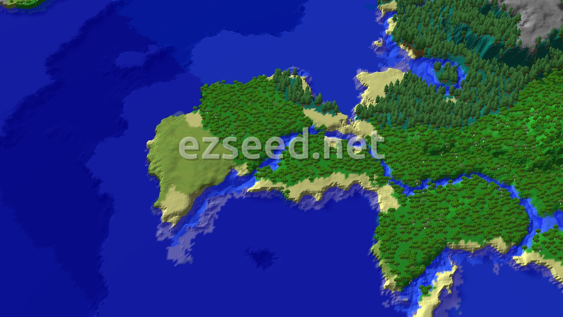 Aerial Minecraft seed map — Forest Spawn with Nearby Trial Chambers and Ocean Monument