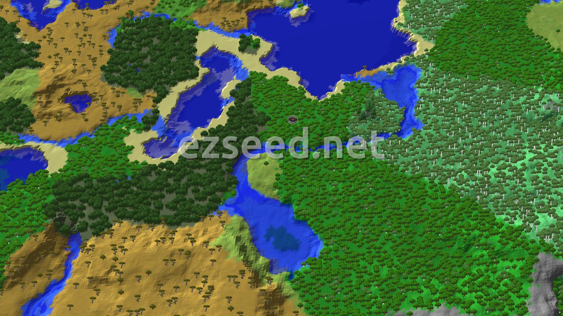 An aerial view of a varied landscape, showing dense green forests, lighter green plains, sandy beaches, and blue ocean waters. A small black and white target marker indicates the spawn point within a forest.