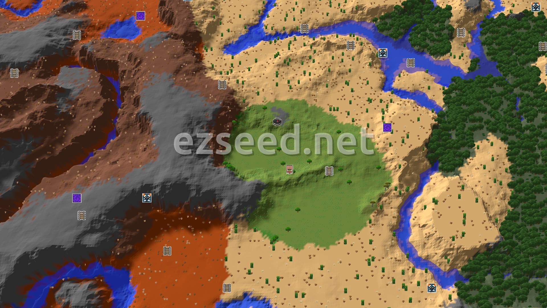 Aerial Minecraft seed map — Spawn in Plains with Badlands and Desert nearby