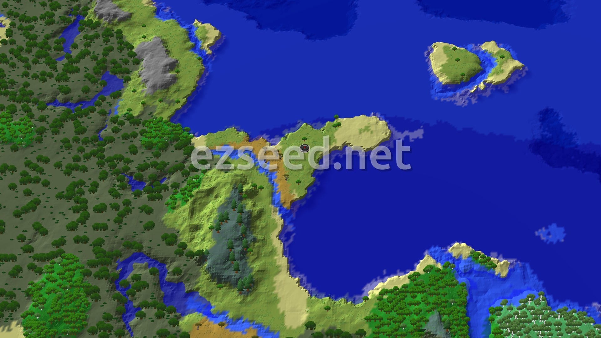 Aerial Minecraft seed map — A Coastal Start with Distant Jungle and Mansion