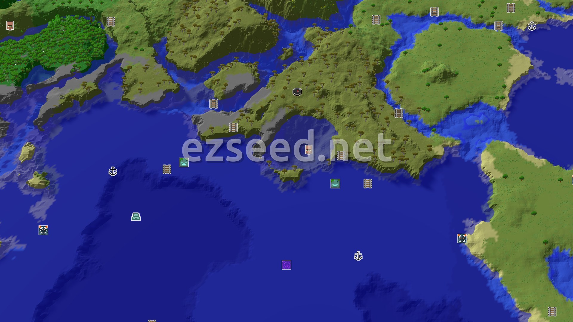 Aerial Minecraft seed map — A Savanna Start with Villages and Deep Oceans