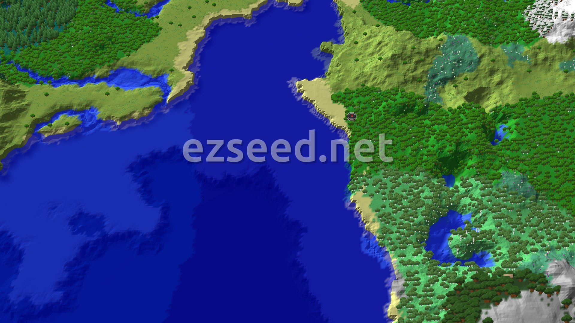 Aerial Minecraft seed map — Forest Spawn with Nearby Peaks and a Woodland Mansion