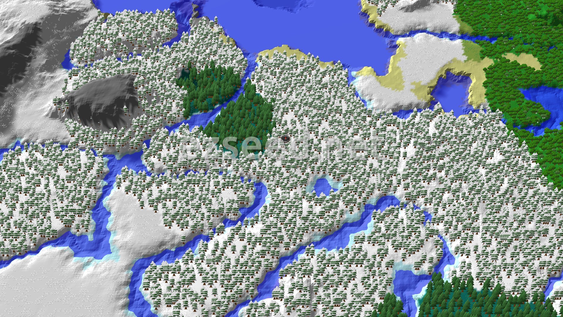 Aerial Minecraft seed map — Snowy Taiga Spawn with Nearby Trail Ruins