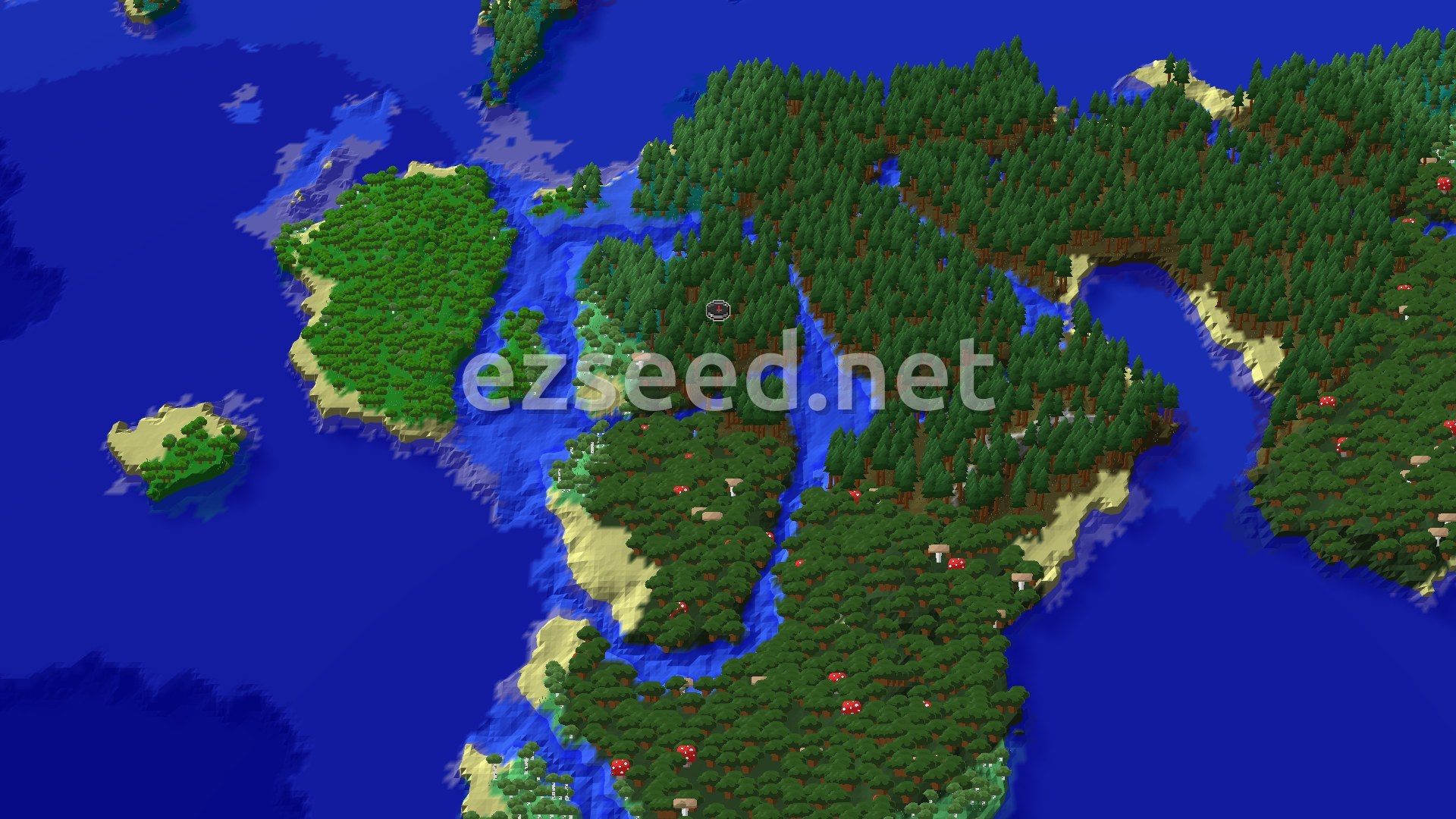 Aerial Minecraft seed map — Trial Chambers and Ocean Monument at a Jaunt