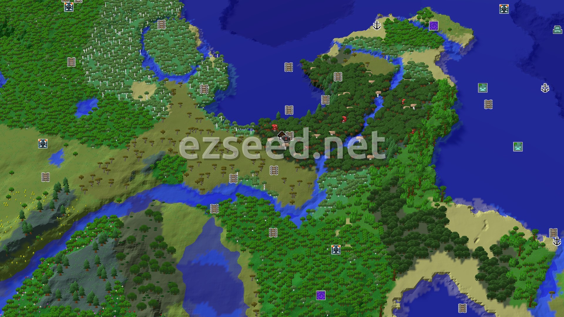 Aerial Minecraft seed map — Spawn in a Dark Forest next to a Woodland Mansion