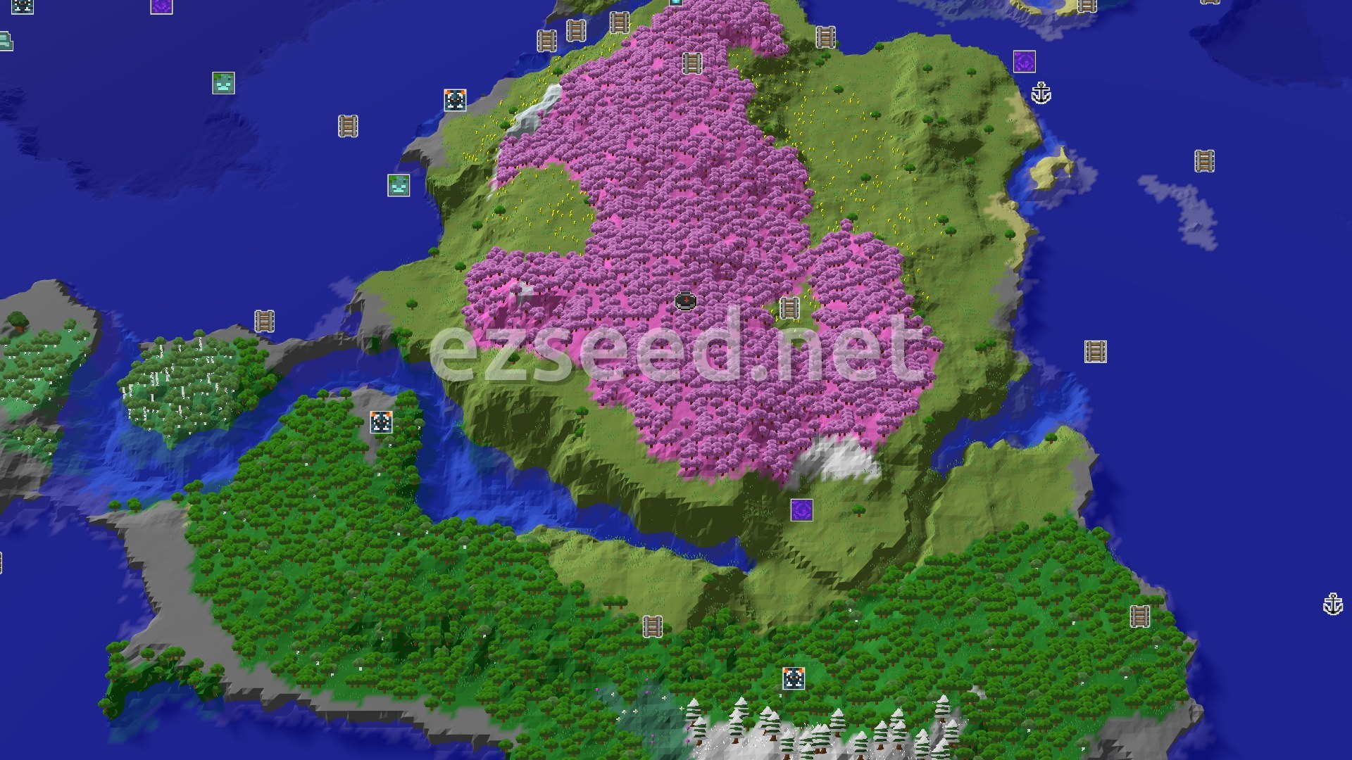 Aerial Minecraft seed map — A Cherry Grove Start with Nearby Underground Treasures