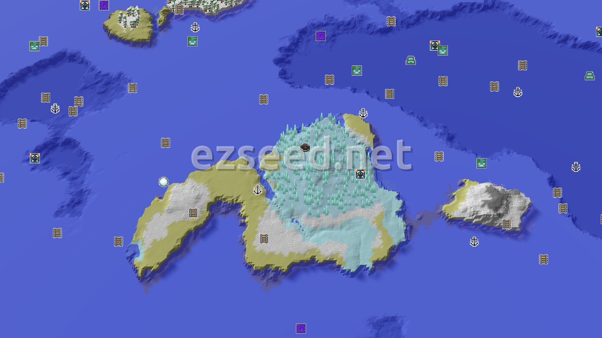 Aerial Minecraft seed map — A Frigid Start with Close Dungeons