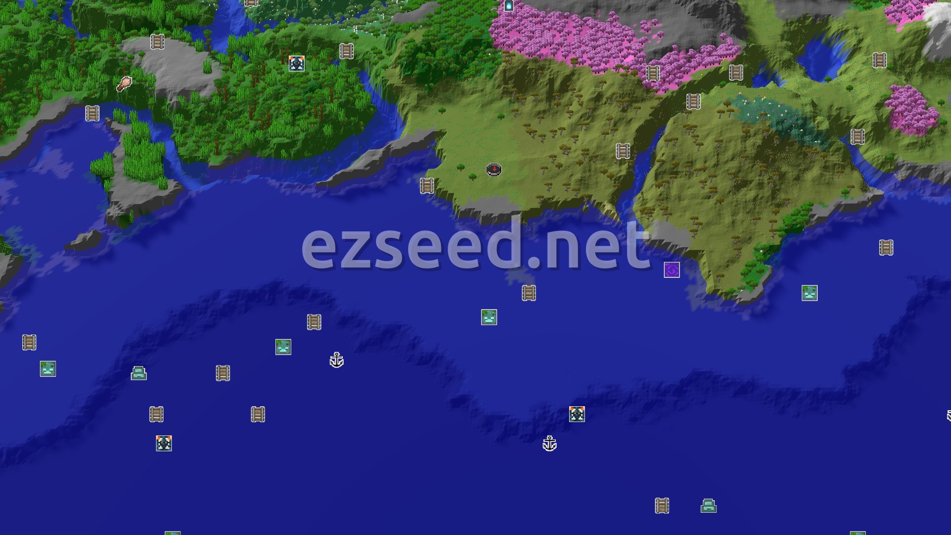 Aerial Minecraft seed map — Spawn Near a Small Ocean, Mountains Not Far