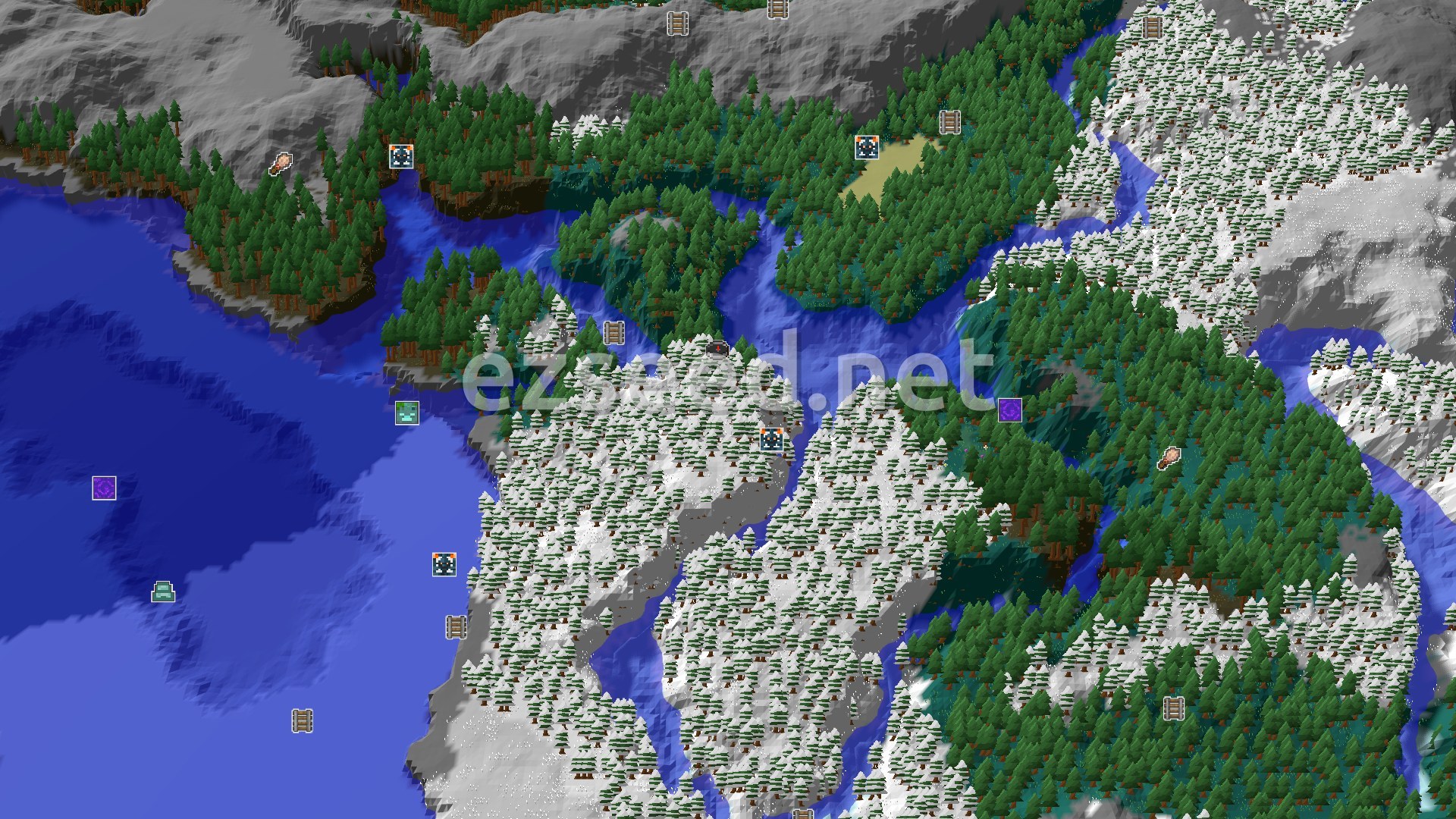 Aerial Minecraft seed map — Frosty Taiga Spawn with Quick Underground Access