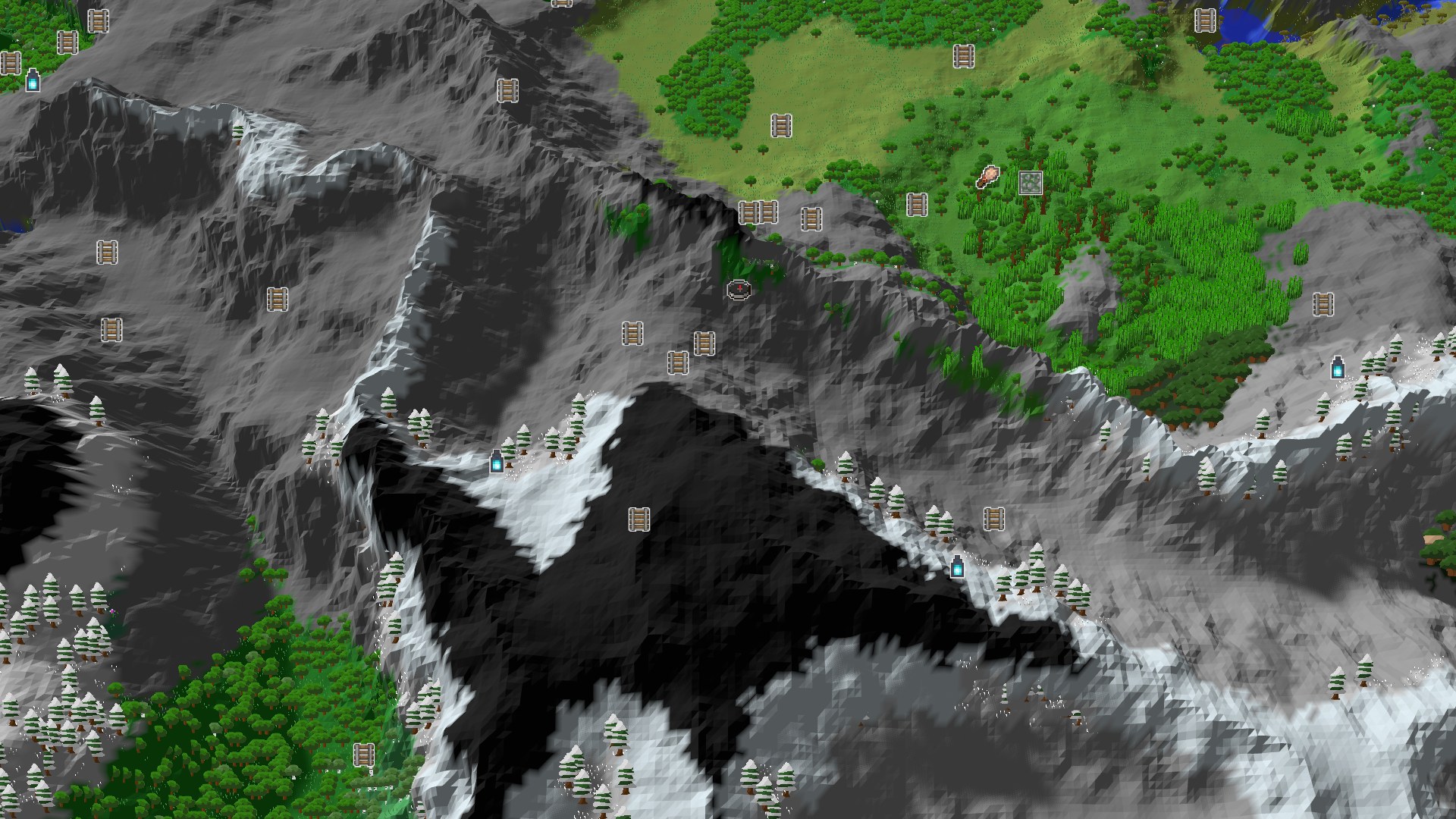 An aerial view of a Minecraft landscape featuring a lush green forest at the top, transitioning into steep, snow-capped grey mountains with scattered trees towards the bottom.