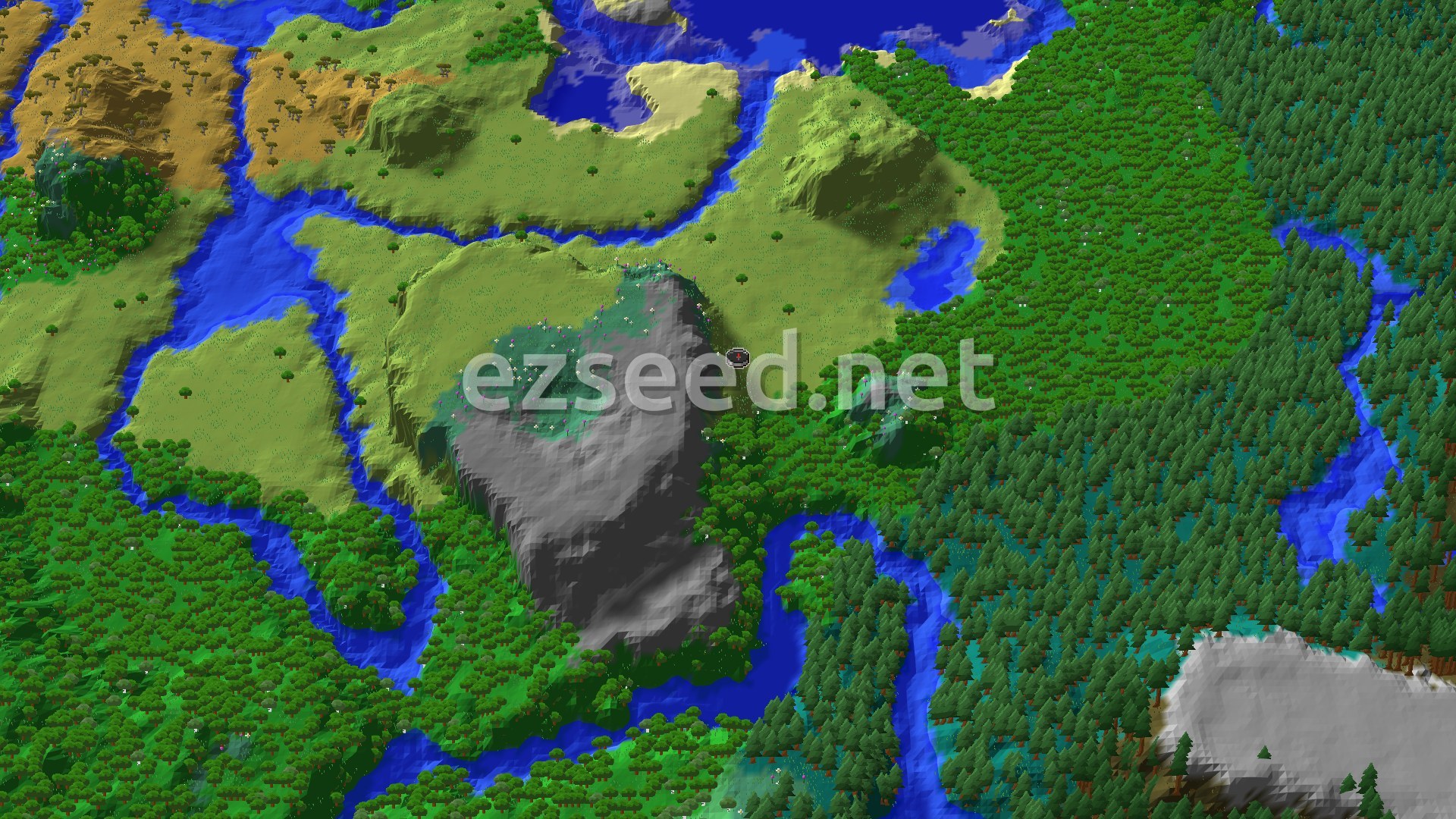 Aerial Minecraft seed map — Spawn in a Plains, with a Ruined Portal and Trial Chambers nearby
