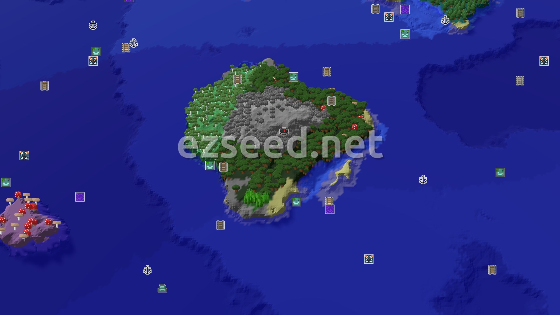 Aerial Minecraft seed map — Island Spawn with Nearby Mushroom Fields