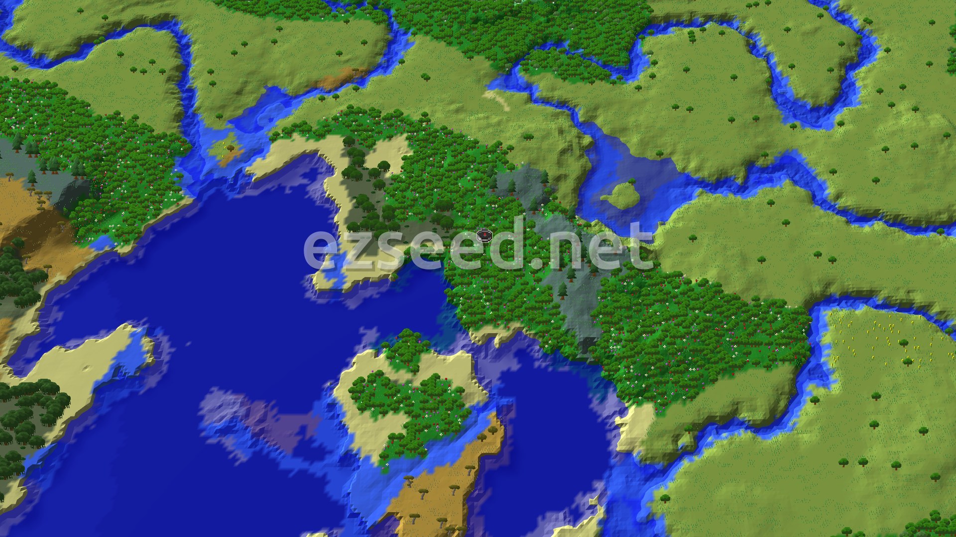 A bird's-eye view of a varied landscape, featuring a large flower forest near spawn, surrounded by beaches, a river, and open ocean.