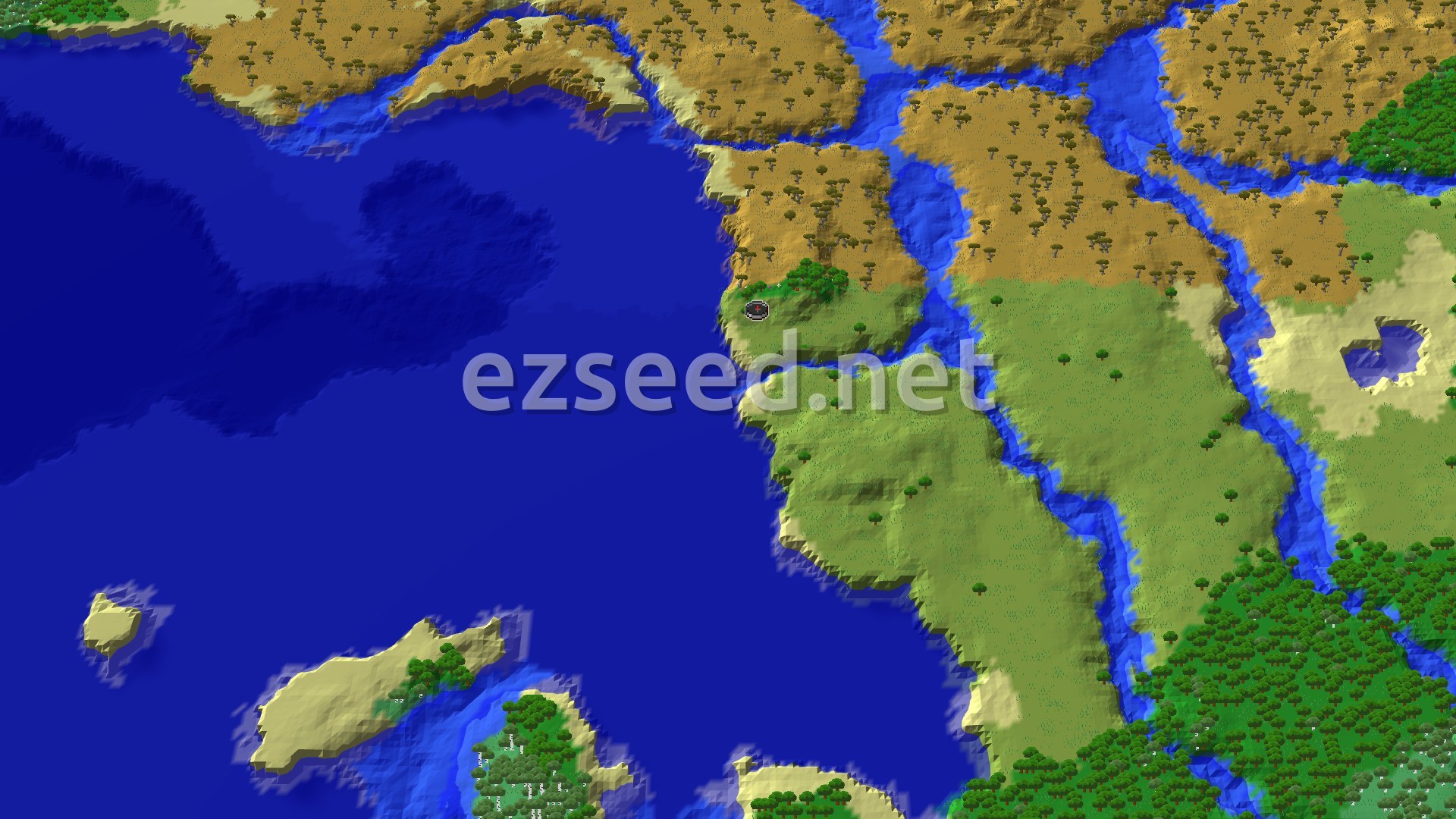 An overhead view of the Minecraft world, showing a diverse landscape of plains, savannas, oceans, and rivers, with a small spawn marker in a grassy area near the coast.