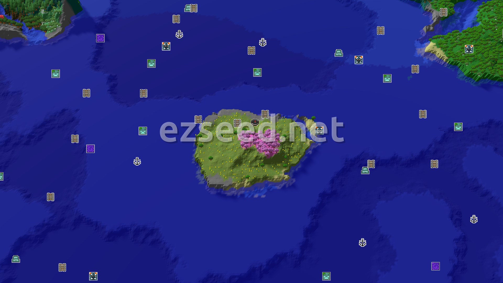 Aerial Minecraft seed map — Island Start with a Nearby Mineshaft and Cherry Grove