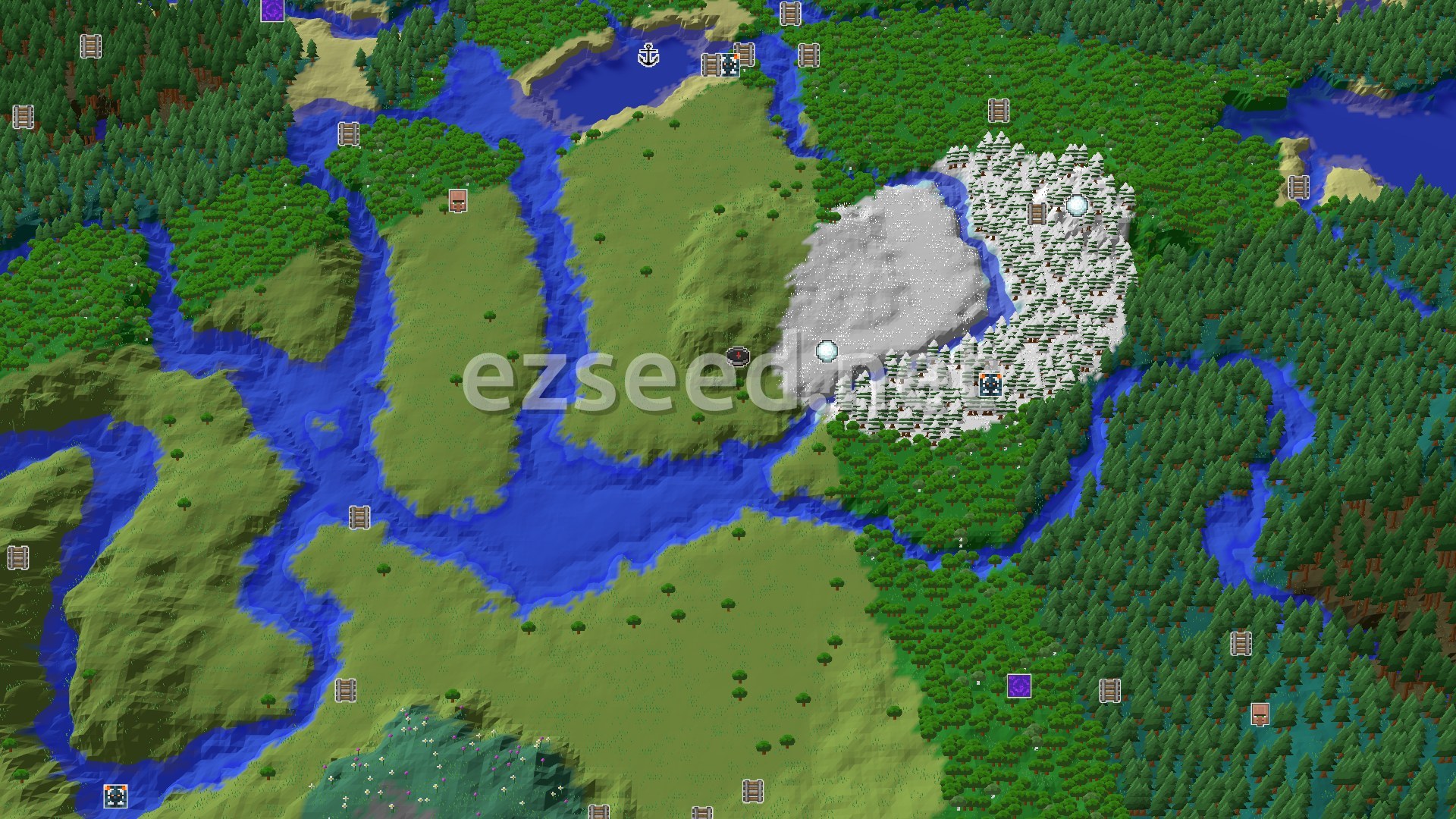 An aerial view of a mostly green landscape featuring plains, forests, and a distinct snowy region, with rivers winding through the terrain.