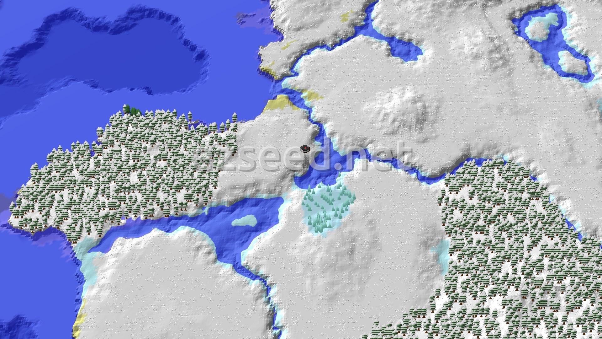 Aerial Minecraft seed map — Snowy Plains Spawn with Nearby Ice Spikes