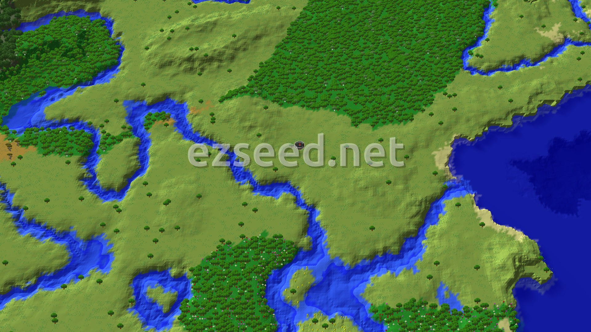 A 3D fly-over of a grassy, hilly landscape with a winding river system and patches of forest, leading to a large body of water on the right.