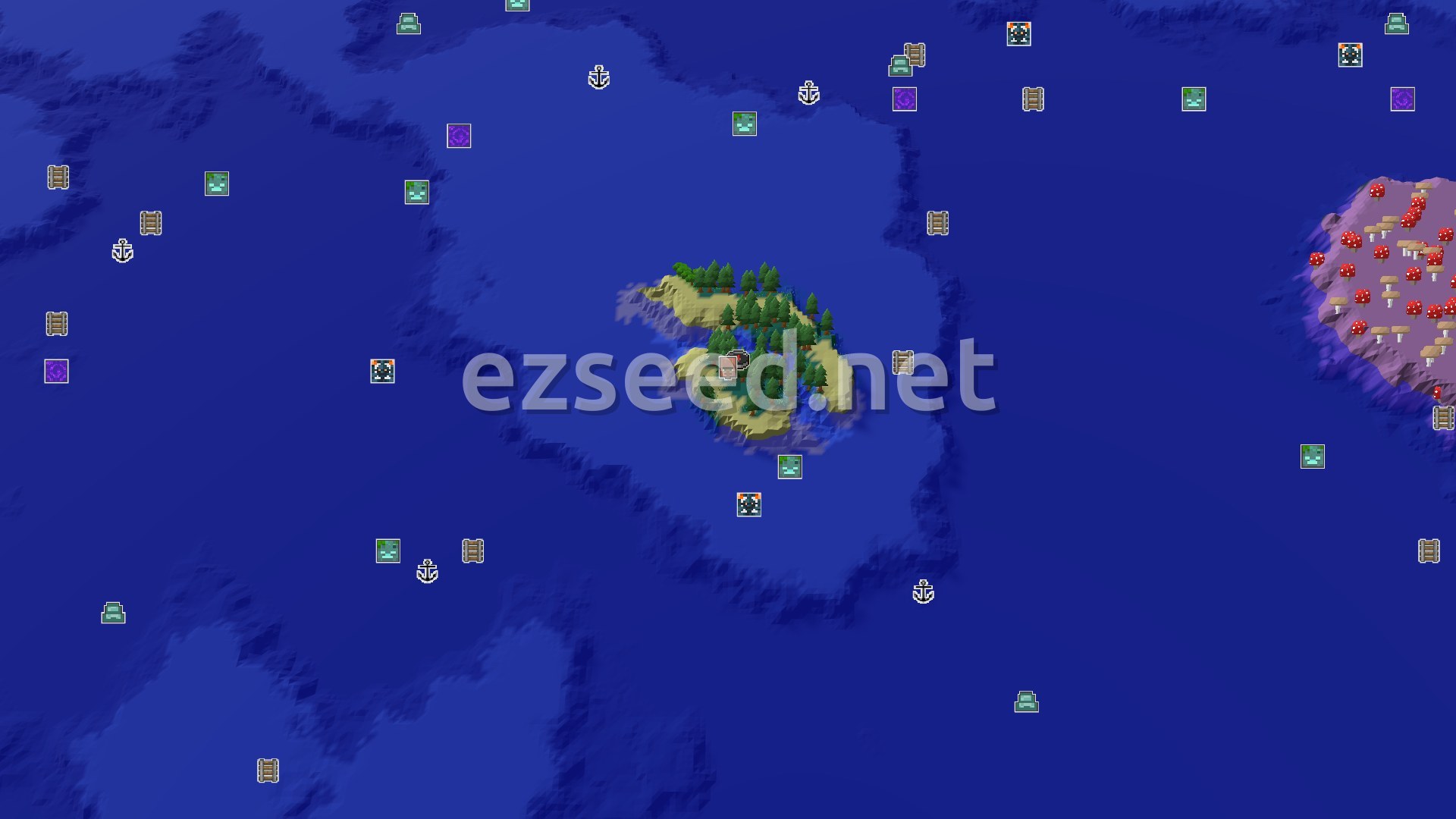 Aerial Minecraft seed map — A Taiga Island Start with Nearby Village