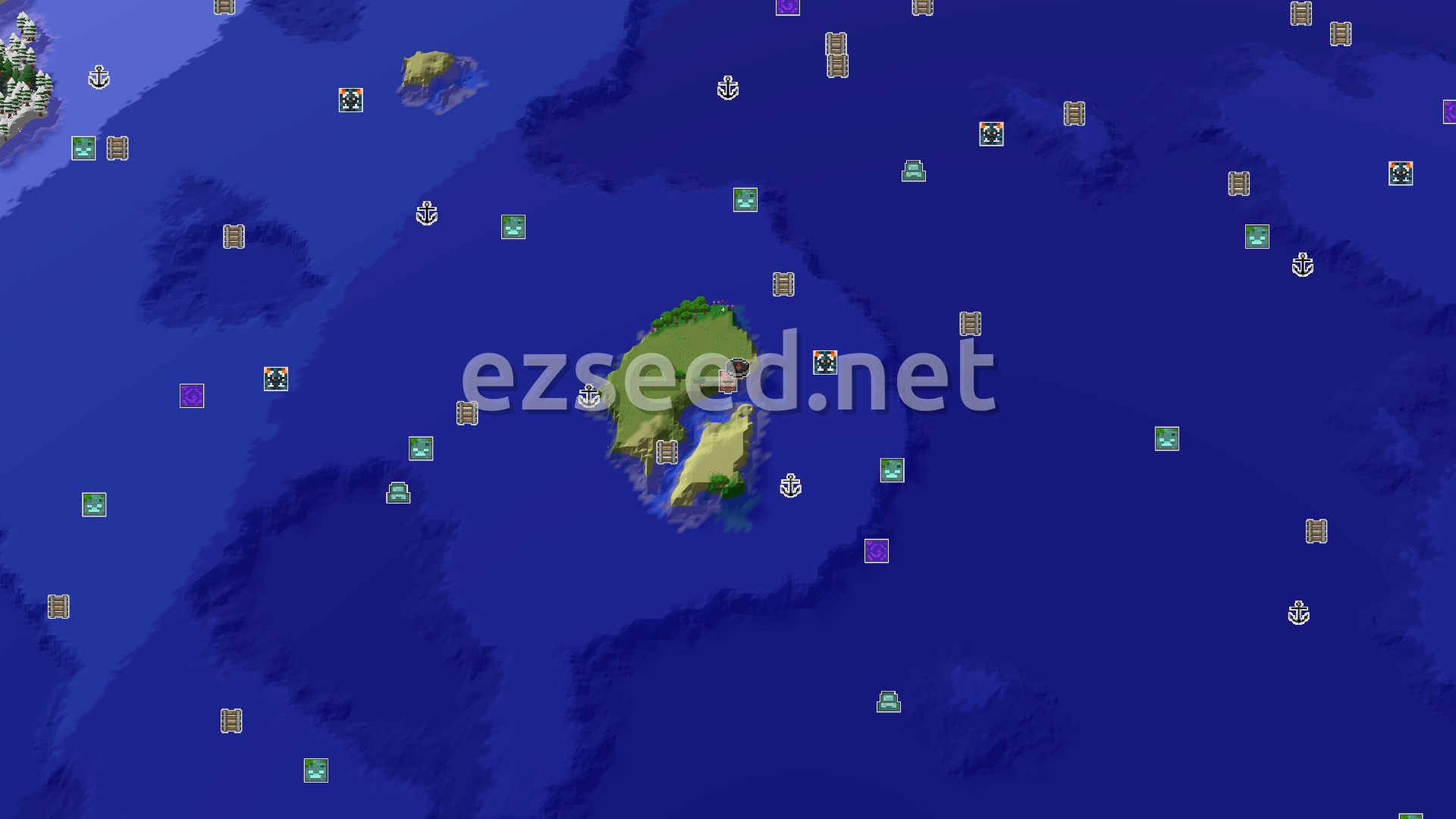 Aerial Minecraft seed map — Spawn on a Village Island with Coastal Access