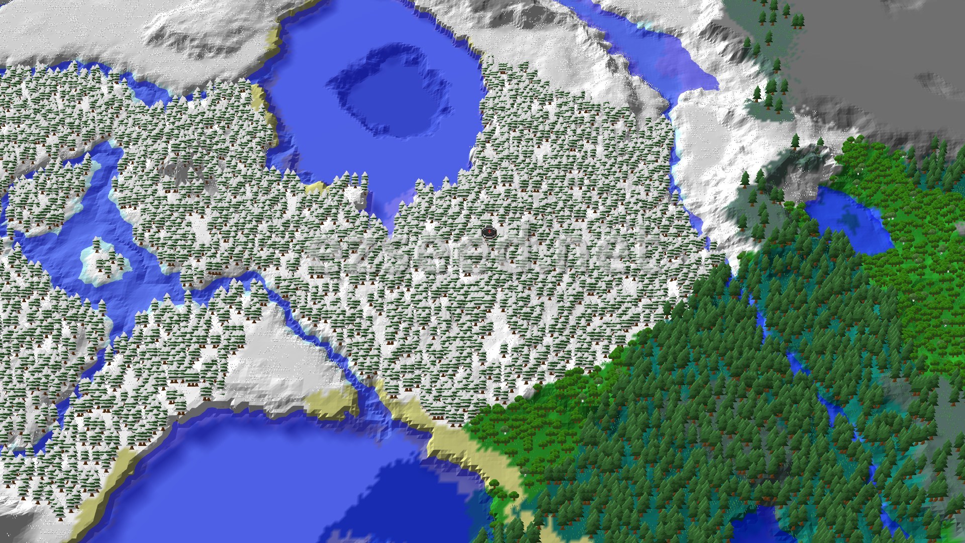 Aerial Minecraft seed map — Snowy Taiga with Close Windswept Forest