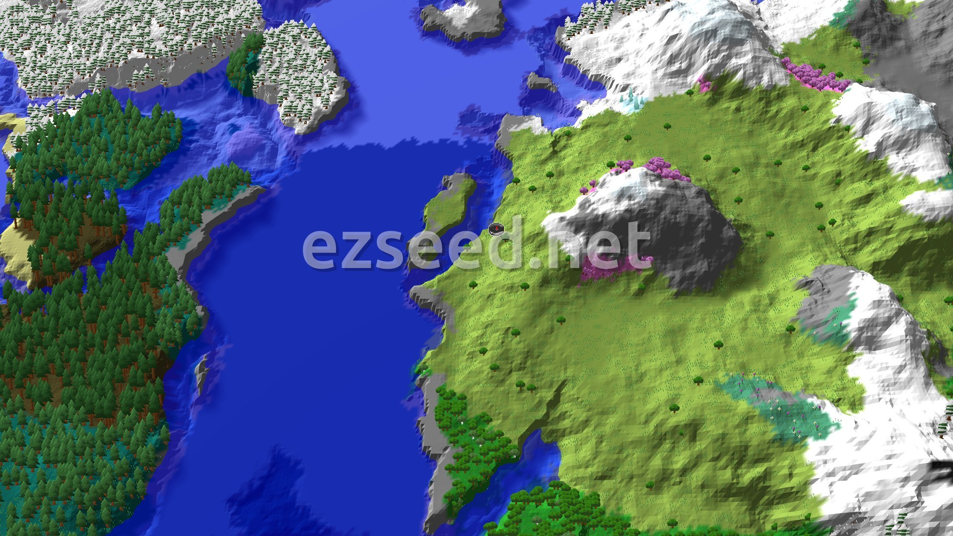 Aerial Minecraft seed map — Spawn Near a Cherry Grove and Snowy Peaks