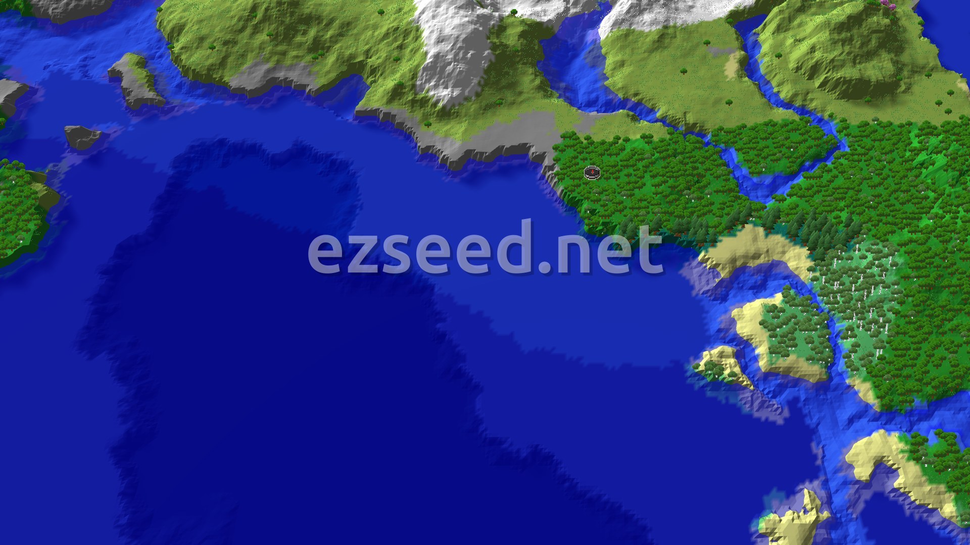 Aerial Minecraft seed map — Forest Spawn with a Nearby Village and Ocean Views