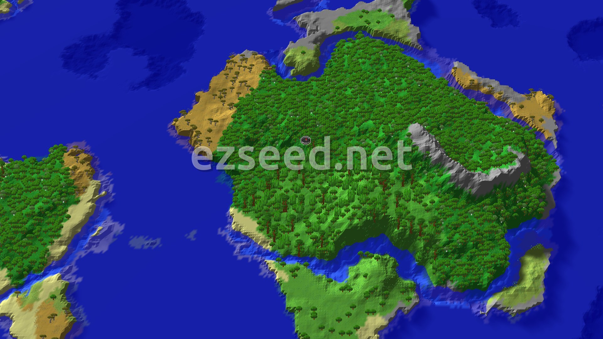Aerial Minecraft seed map — Forest Island with Nearby Jungle and Peaks