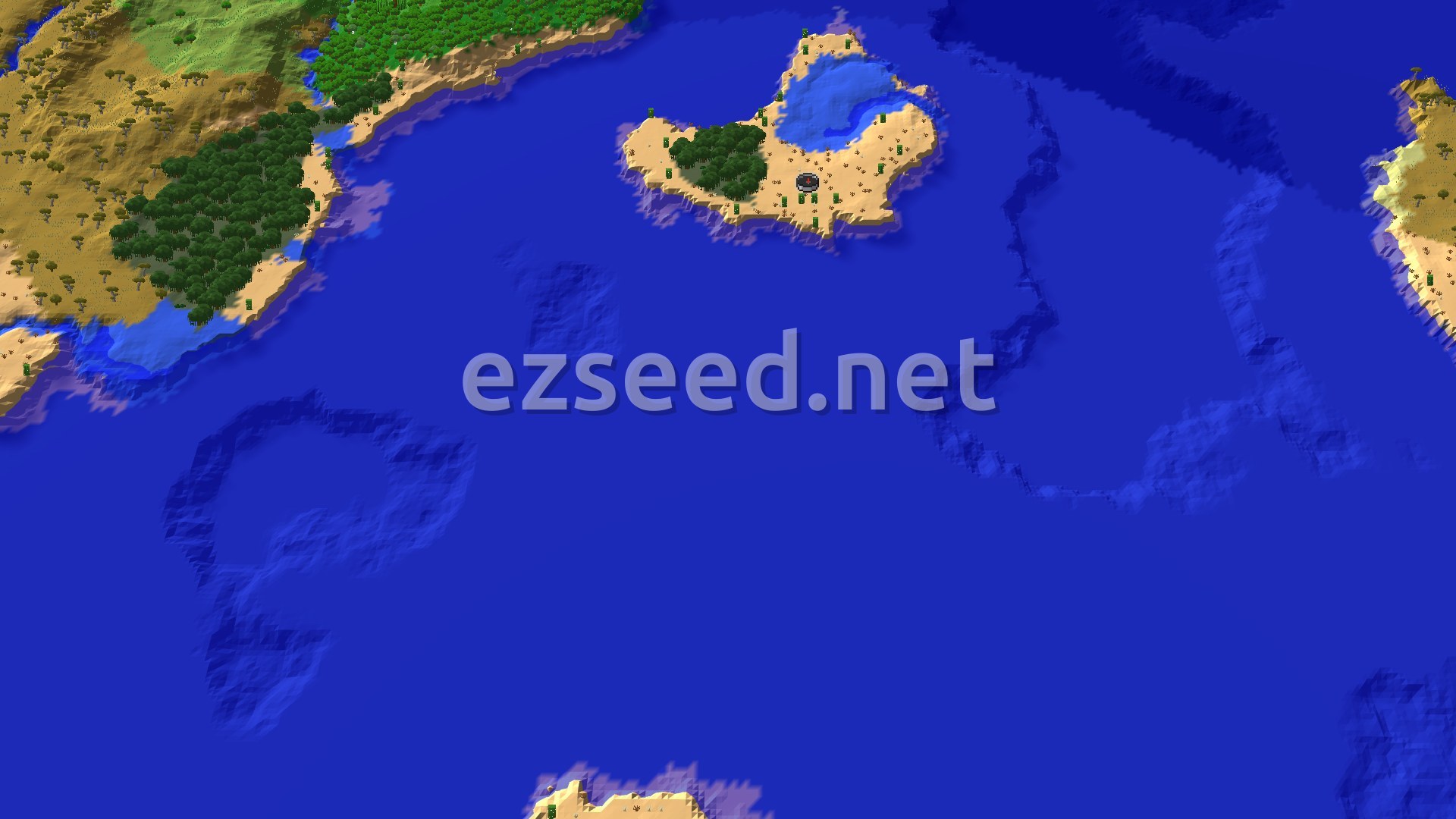 An aerial view of a desert and ocean landscape with a small spawn marker. The desert features scattered trees and some elevation changes, bordering a large expanse of warm ocean.