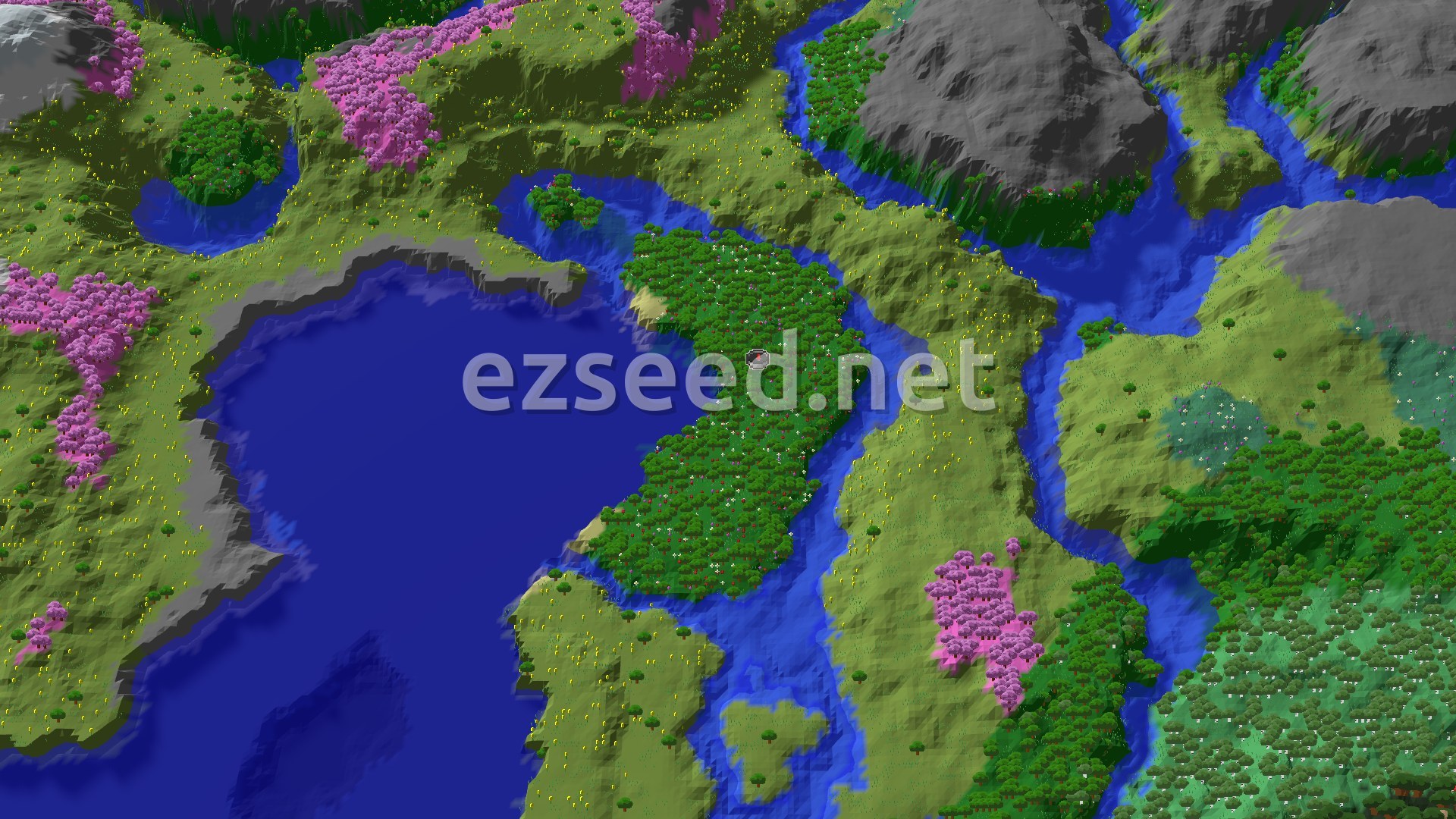 Aerial Minecraft seed map — A Cherry Grove Coastline with Distant Frozen Peaks